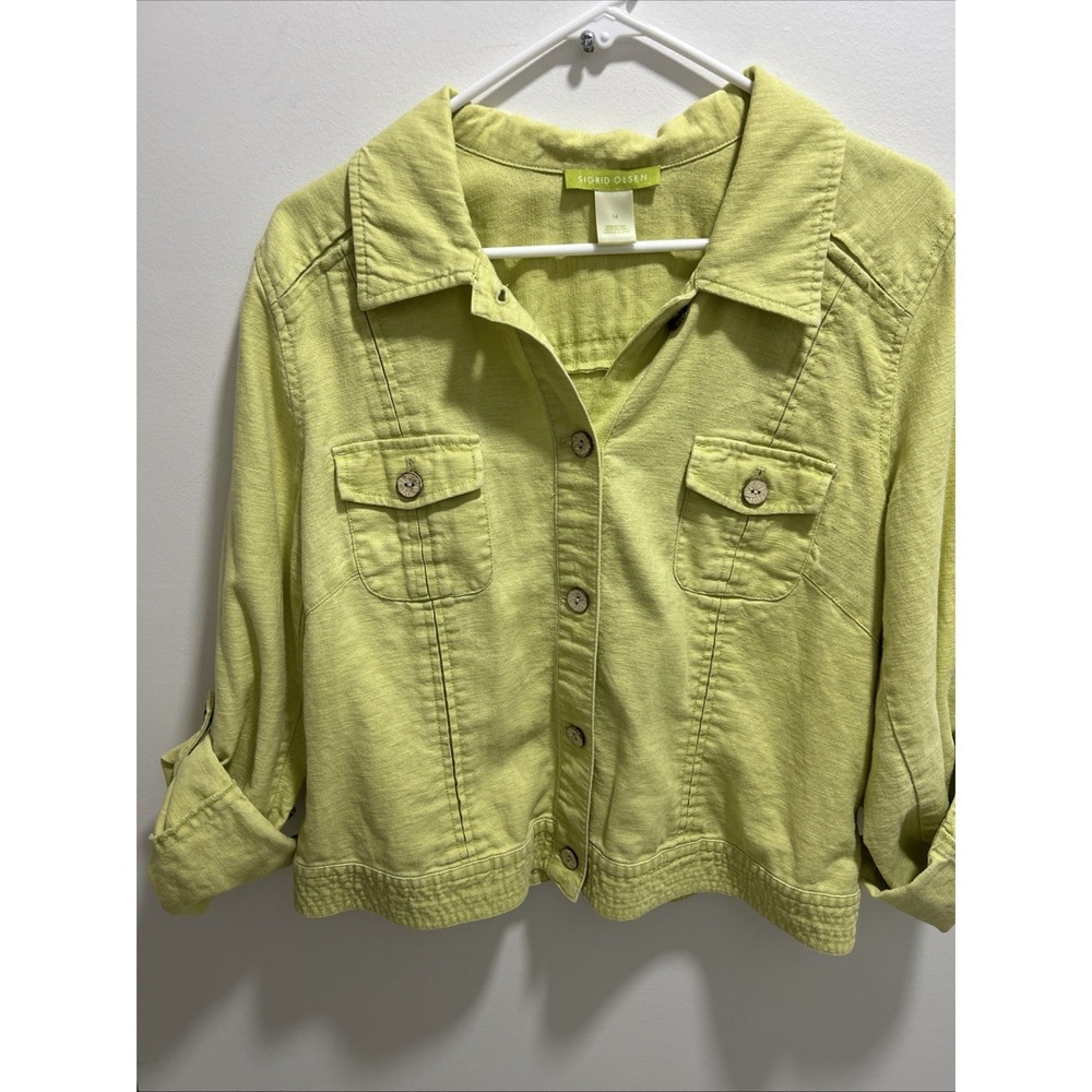 Sigrid Olsen Women's 14/L Denim Light Green Button Front Cropped Jacket, Casual